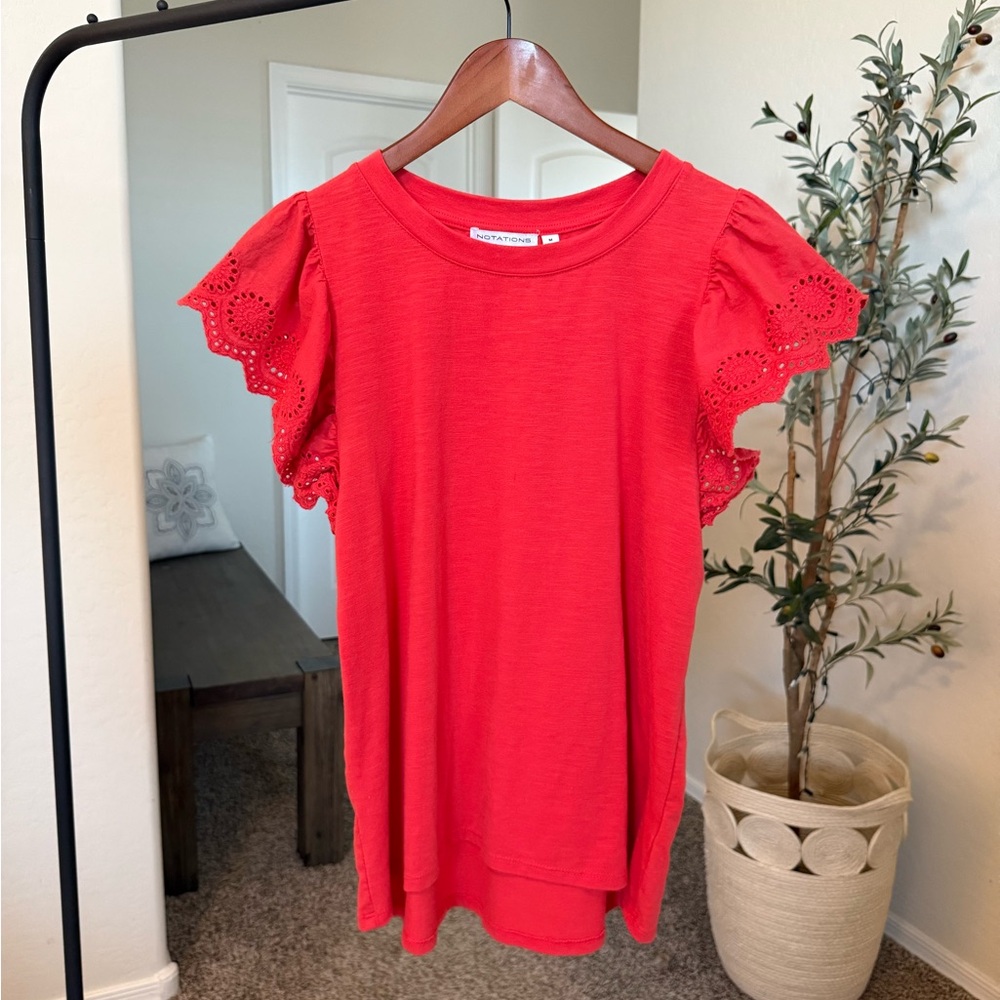 Red Short Sleeve Eyelet Top Size M